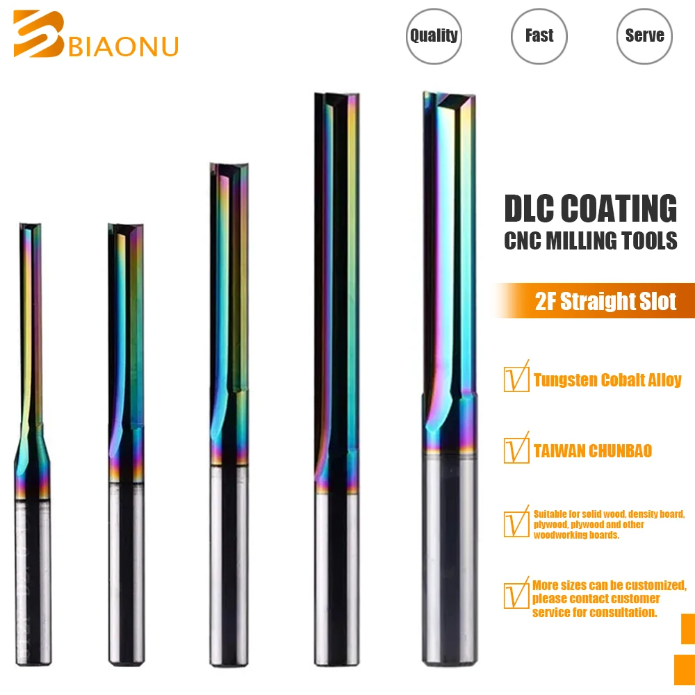 Biaonu 1pcs 3.175/4/6mm Shank 2 Flutes Straight Slot End Milling Tools DLC Coating Solid Tungsten Carbide CNC Milling Cutter