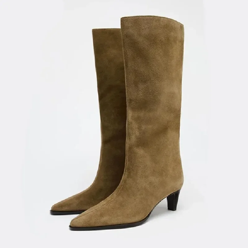 

Autumn Winter Women's Suede Knee High Boots Sexy Pointy Toe Kitten Heel Retro Knight Boots Fashion Designer Botas Largas Mujer