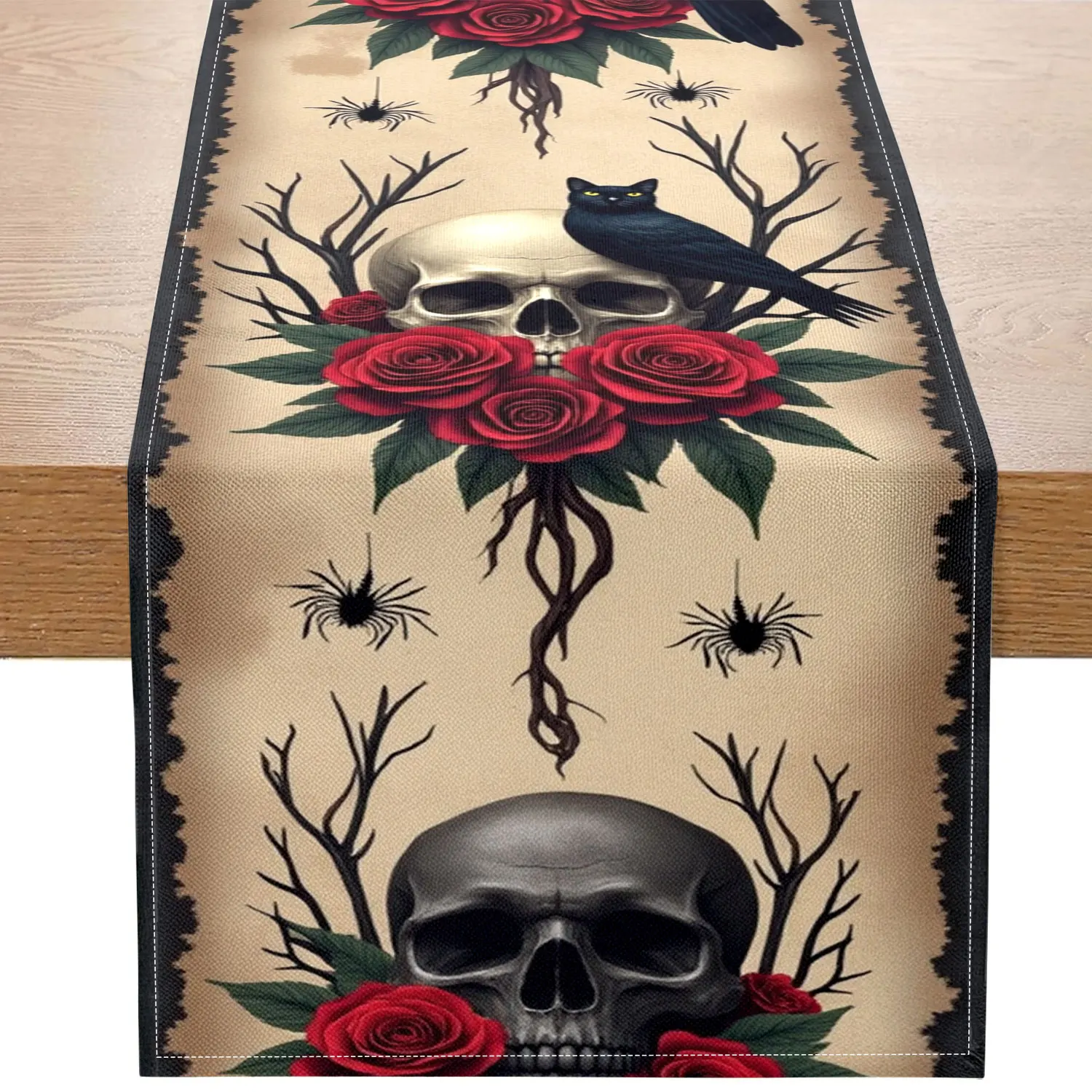 قطعة واحدة من مفرش الطاولة على الطراز القوطي الداكن، تتميز الجماجم القصيفة والورود الحمراء والعناكب، ومناسب لحفلات الحدائق وبيوت الضيوف على الطراز الريفي وفراغات الشاي الفنية وأكشاك السوق المصنوعة يدويًا #1
