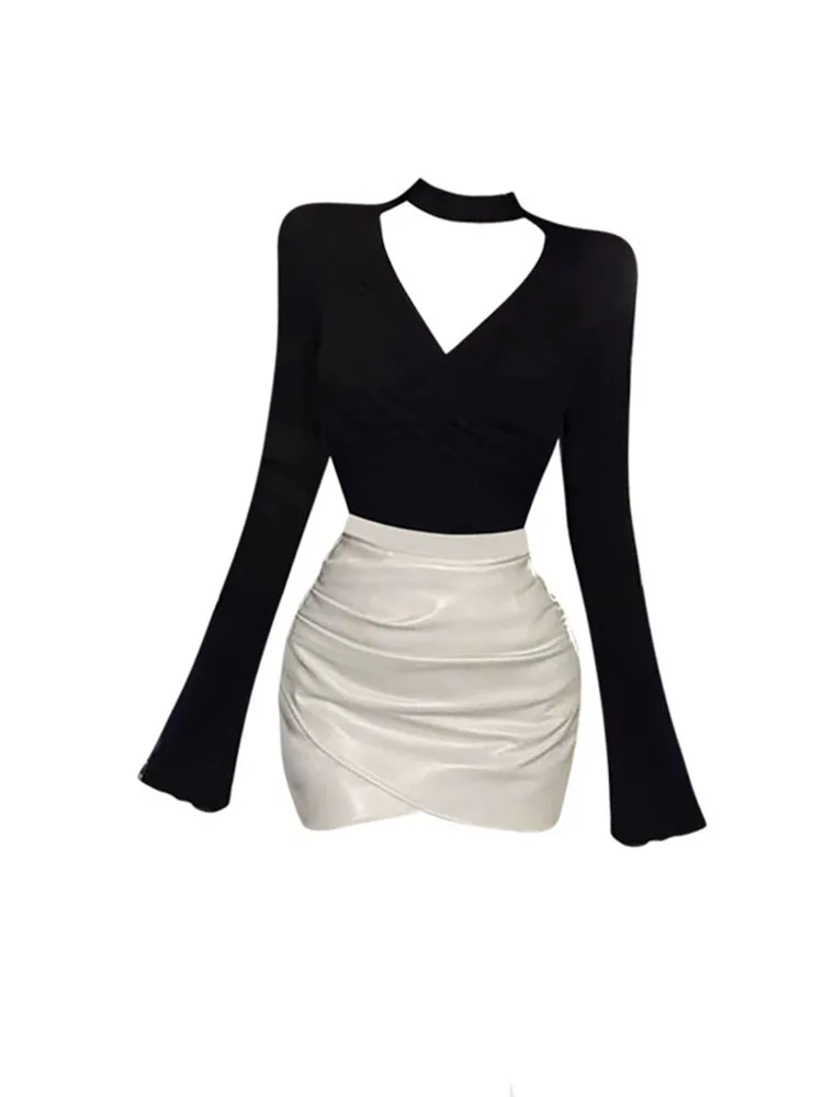 HELA Top de capa base ajustado con cuello en V para mujer, talla ande, otoño invierno 2024, conjunto de falda envolvente es...