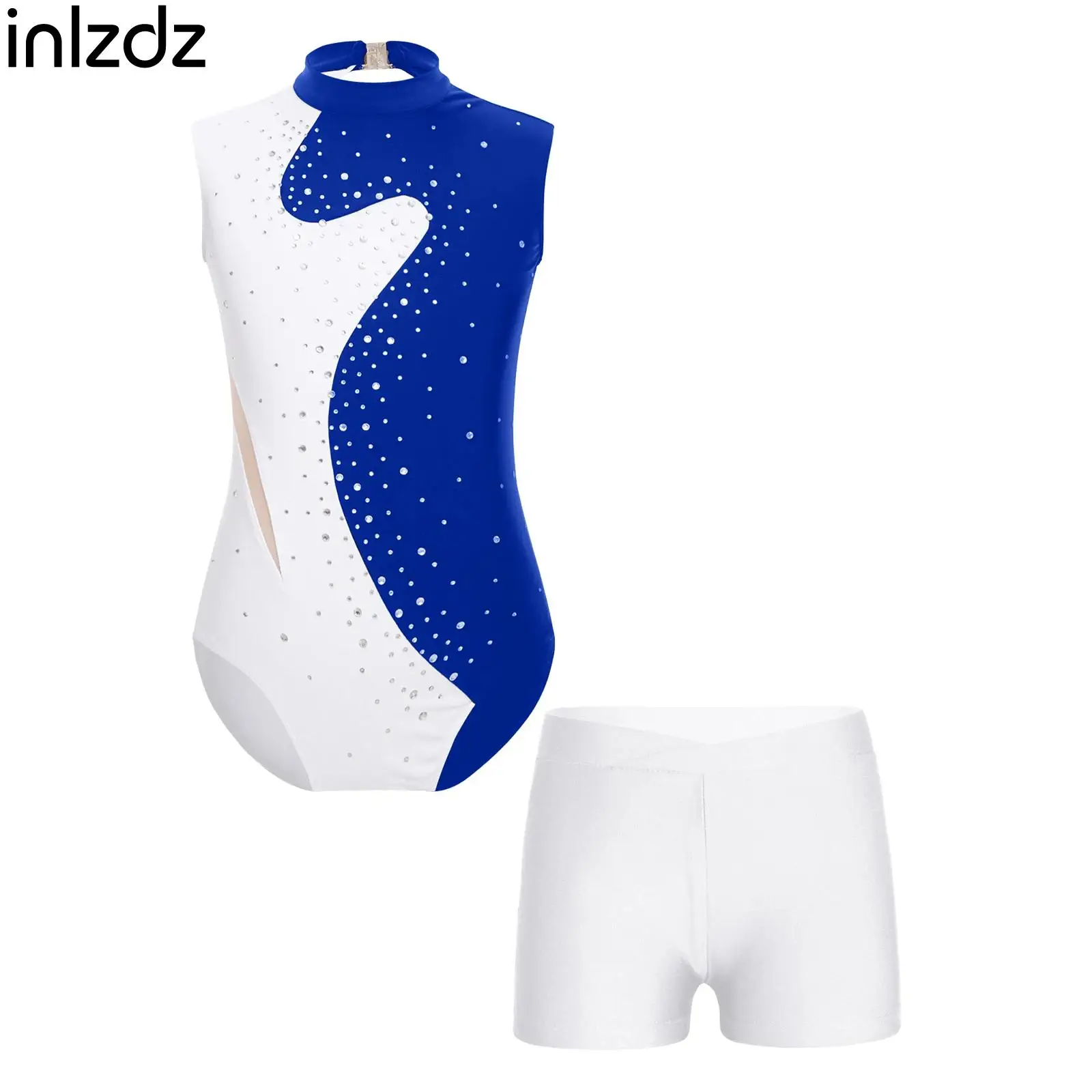 

Kids Girls Sparkling Rhinestones Dance Tights Leotard Sleeveless Color Block Bodysuit with Mid Waist Shorts Children's Clothing