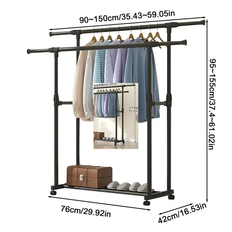 Telescopic Clothes Racks Heavy-Duty Metal Garment Rack Movable Clothes Rack Telescopic Floor Hanger Clothes racks for bedroom