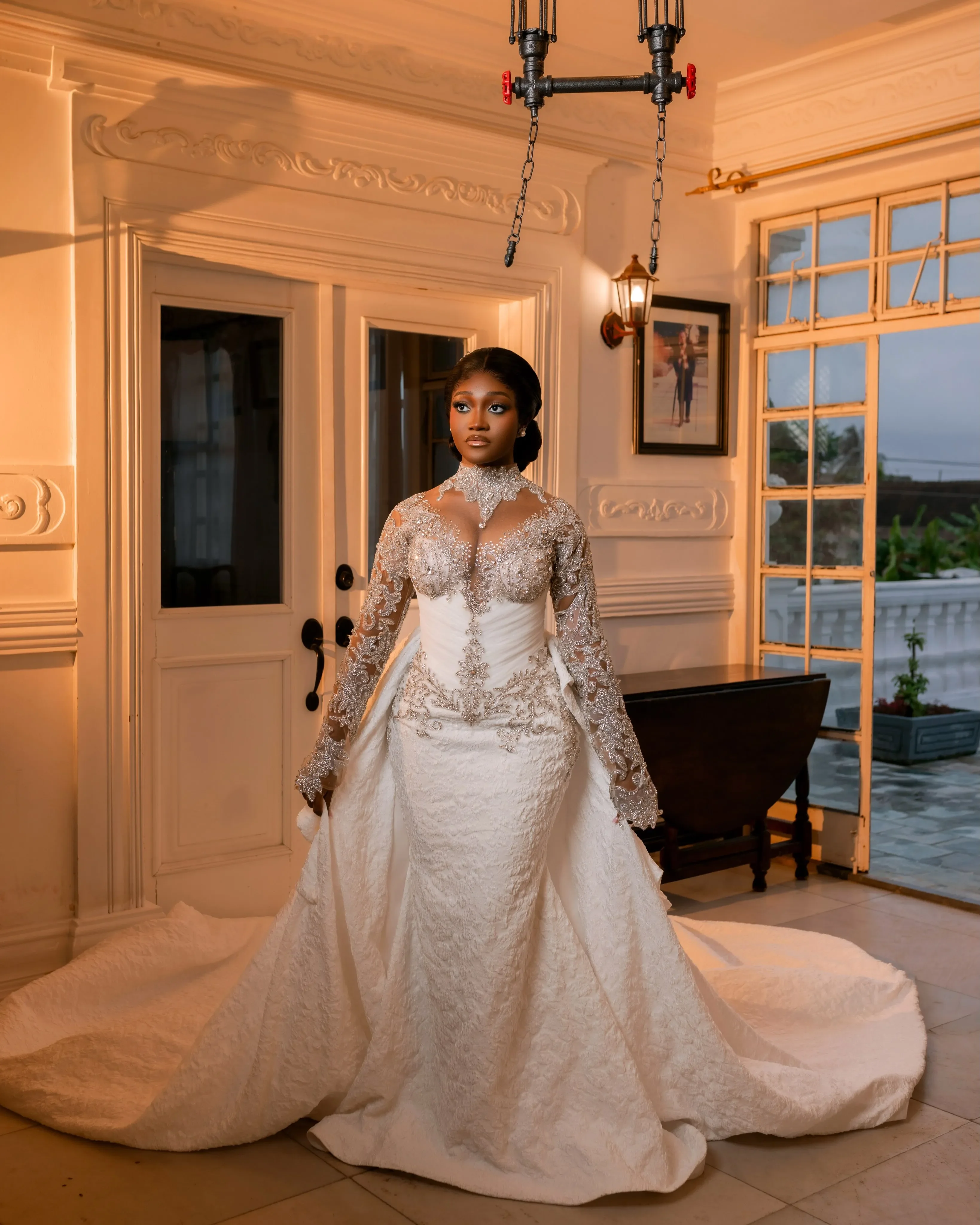 Customized High Collar Sparkly Crystals Beads Luxury Wedding Dress with Removable Skirt  Long Sleeve Mermaid  Bridal Gowns