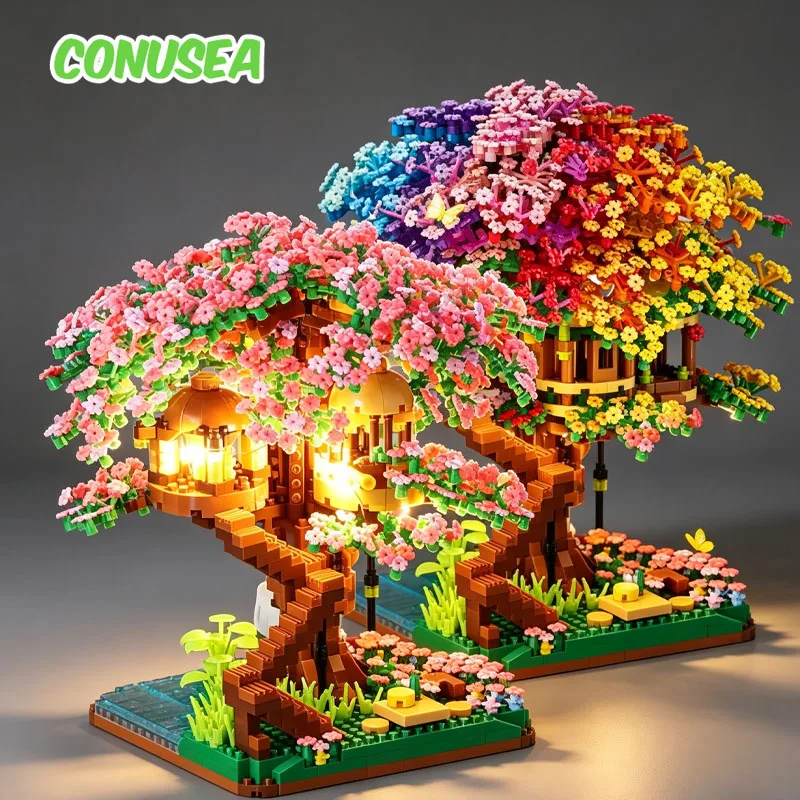 Mini Sakura Baum Bausteine Set Diy Kirschblüte Ziegel mit Licht Baumhaus Modell Ornament Romantisches Geschenk für Freundin