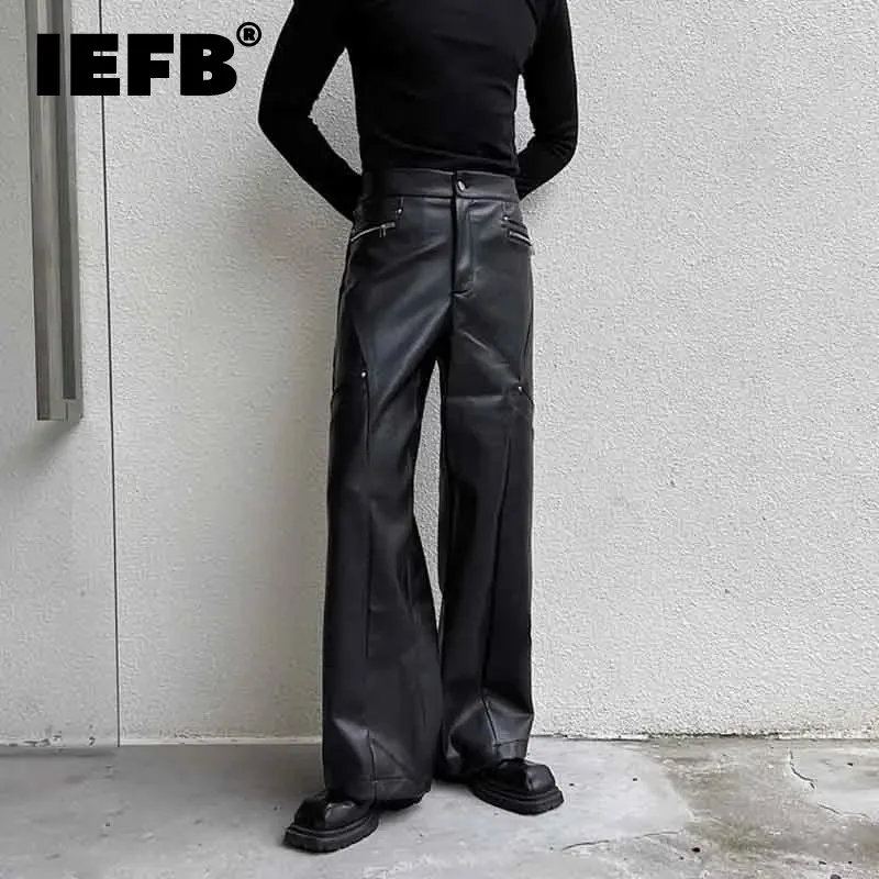 IEFB Men\'s Trousers New Fashionable PU Leather Wide Leg Casual Pants Korean Style Versatile Baggy Strtwear Trend Male New C2993