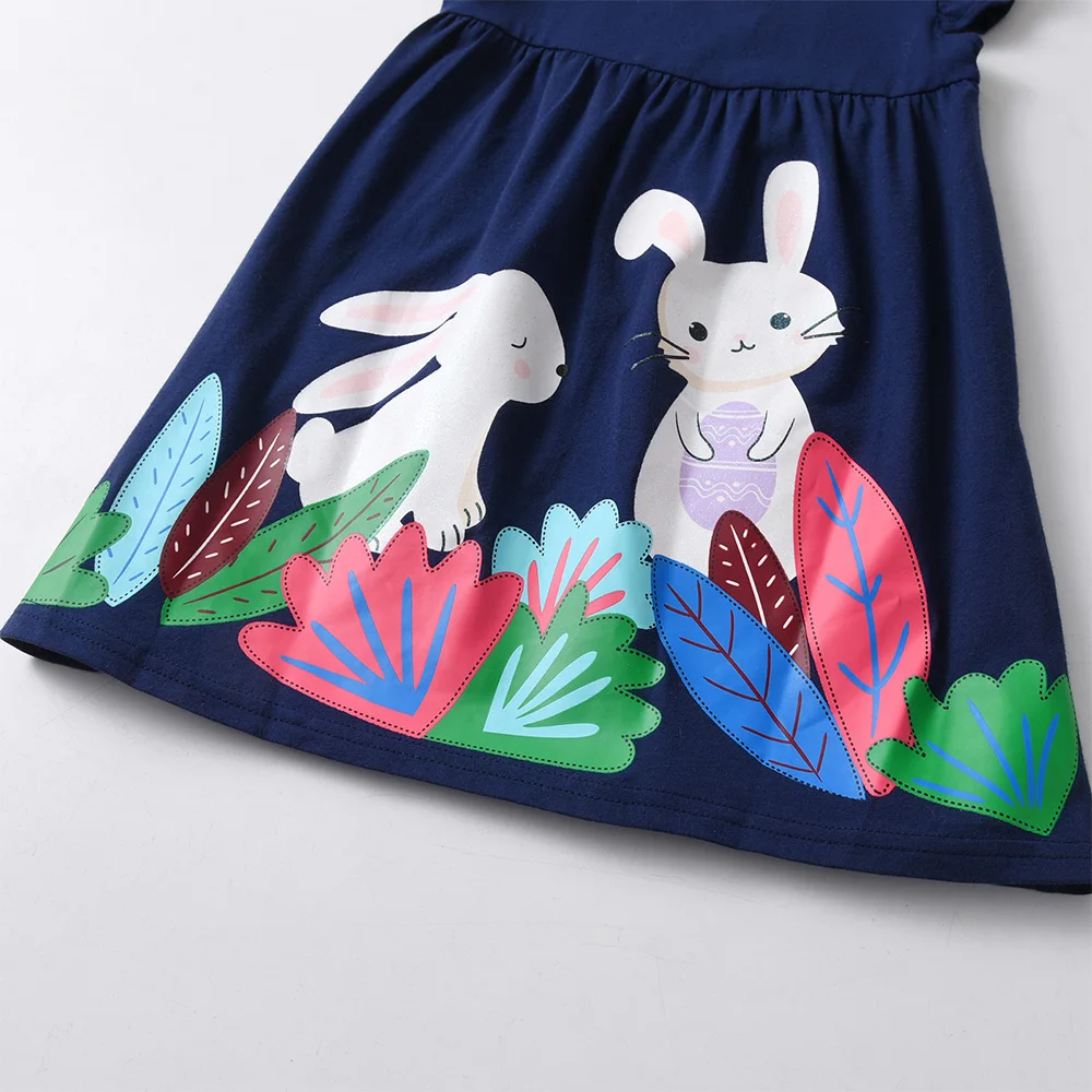 VIKITA Mädchen Marineblau Flare Ärmel Baumwolle Lässiges Sommerkleid Kinder Niedlicher Hase Kaninchen Aufdruck Tägliche Schule Gerade Kleider – Detail 3