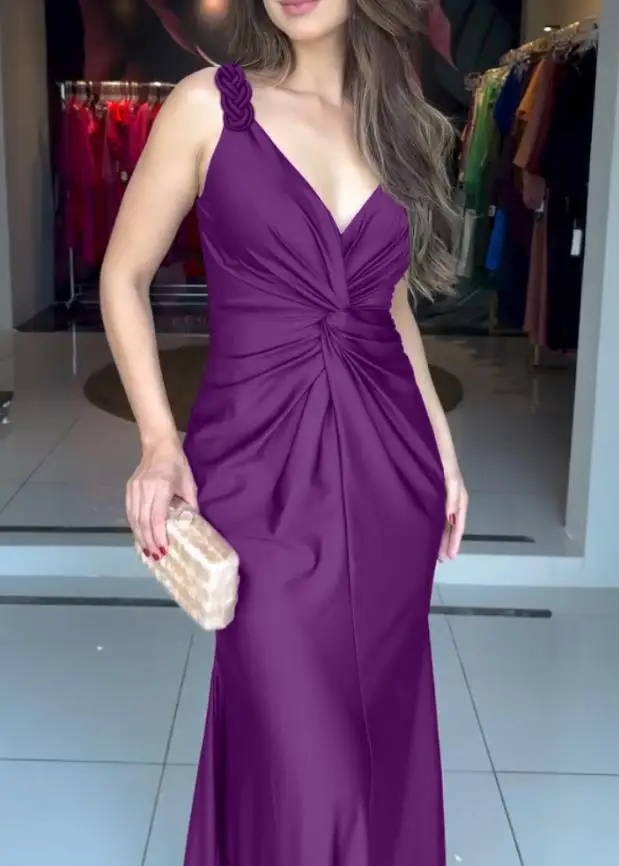 Abito da sera alla moda da donna 2025 in raso senza maniche scollato con torsione sul davanti, dettaglio legato, cerniera posteriore senza schienale, abito con orlo a sirena