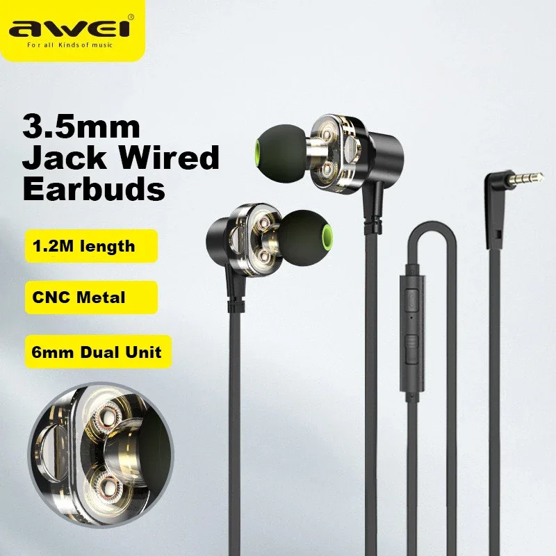 Awei Z1 Dual Driver Wired Earphones Stero Bass Sound Headphones Sports Headset With Microphone 3.5mm Jack Earbuds For Phones Mp3