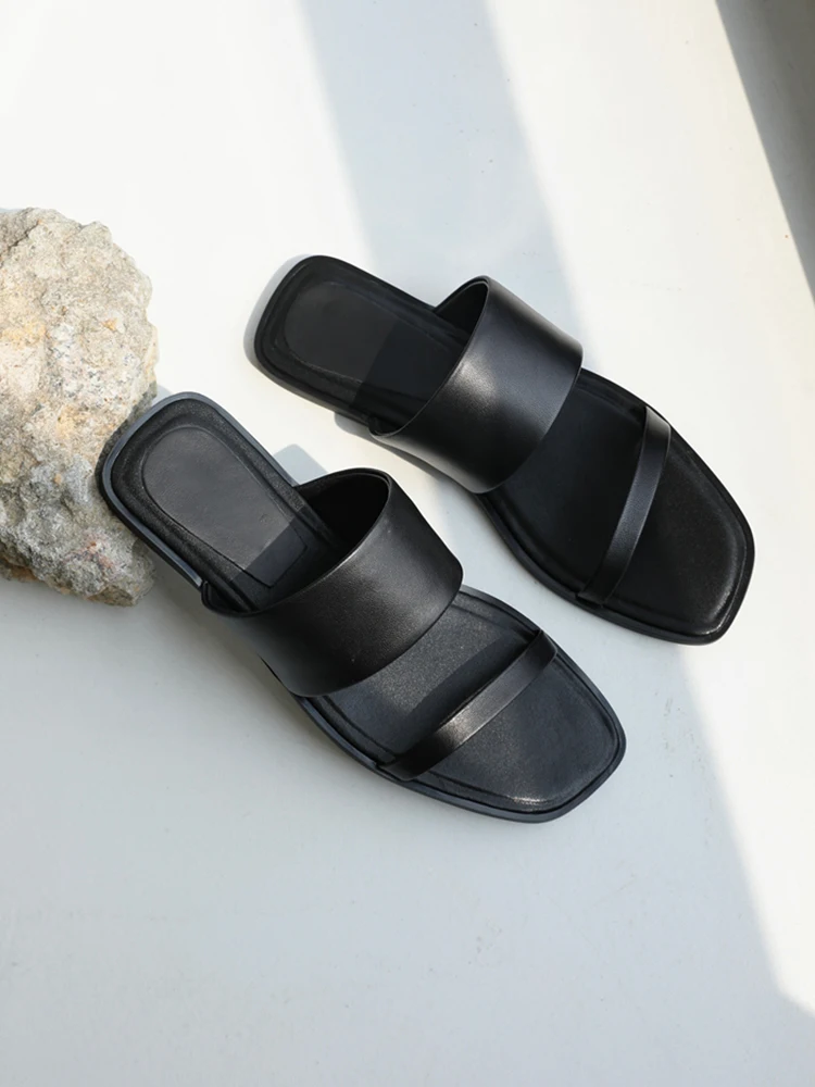 2024 New Summer Fashion Genuine Leather Open Toe Flat Sandals Women Slippers Solid Simple Casual Beach Shoes Female