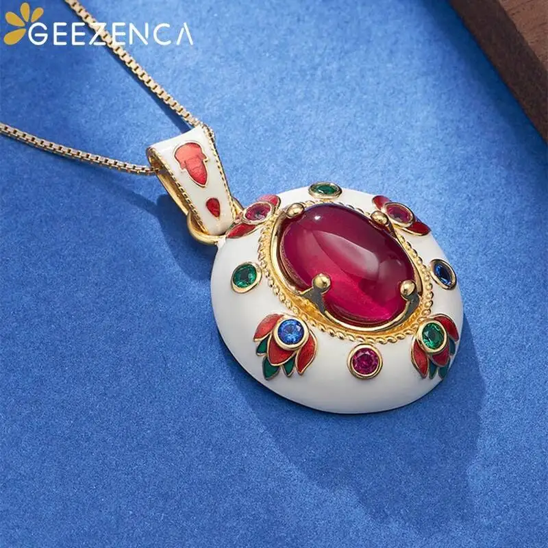 GEEZENCA Red Corundum 925 Silver Enamel Jewelry Sets Earrings Ring Pendant For Women 18K Gold Vintage Luxury Chic Gift 2024 New