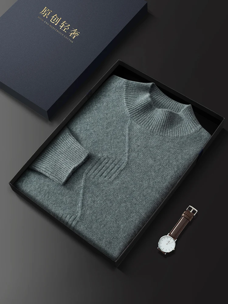 2025 New Men's 100% Cashmere Sweater Ripple jacquard Thick Mock Neck Pullover Autumn Winter Knitwear Smart Casual Soft Warm Tops