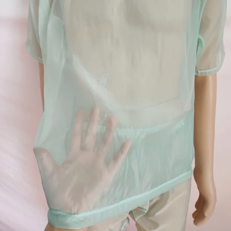 Sexy Men Glossy Silky Smooth See Through Comfortable Loose T-shirt Shorts Women Erotic 2 Pieces Set Plus Size Top Shorts Pajamas