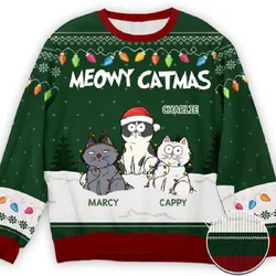 Suéter de Navidad feo de gato de dibujos animados para hombres, suéter de Navidad, regalo de impresión 3D, jersey de Papá Noel, sudadera 3D, Top de otoño e invierno