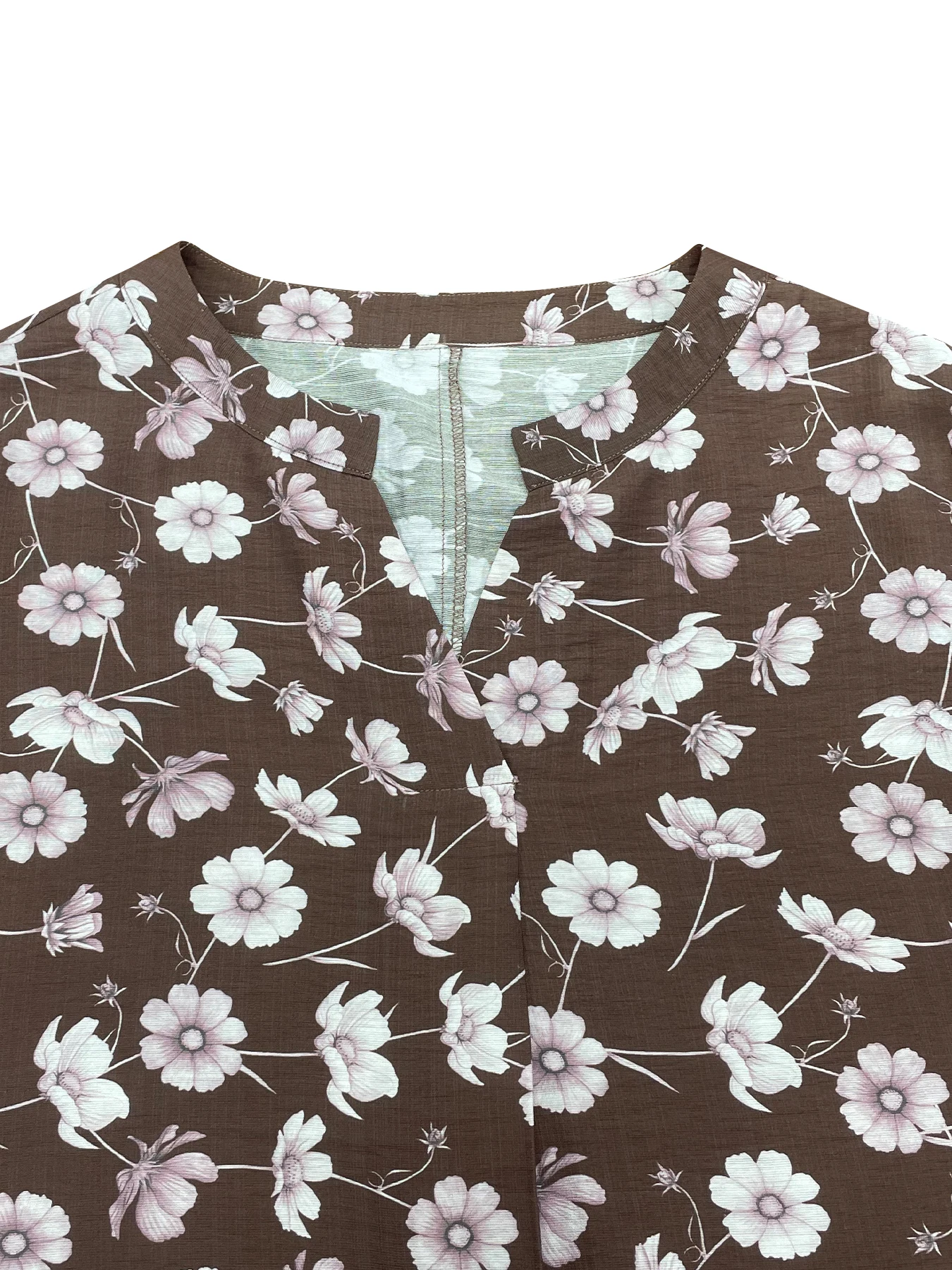 Plus Size Women's Coffee Pink White Floral Print Long Sleeve Top V-Neck Lantern Sleeve Office - view 6