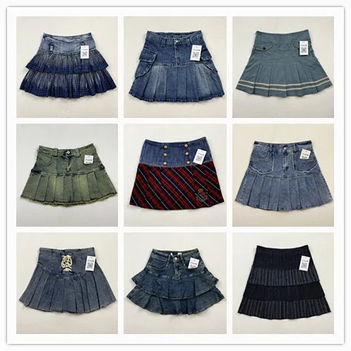 

Винтажная американская юбка с высокой талией, плиссированная юбка трапециевидной формы с кружевной отделкой, летняя хлопковая джинсовая юбка