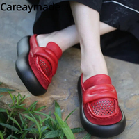Careaymade-Summer luxury Genuine leather wider toe women's slippers,Retro Top layer cowhide thick bottom lightweight Lefu shoes