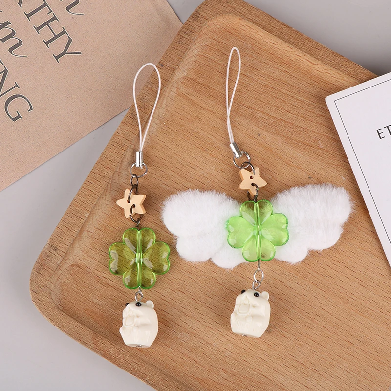 Green Lucky Four Leaf Clover Flying Marmot Hamster Keychain Lucky Clover Phone Lanyard Pendant Keyring Accessories Gifts