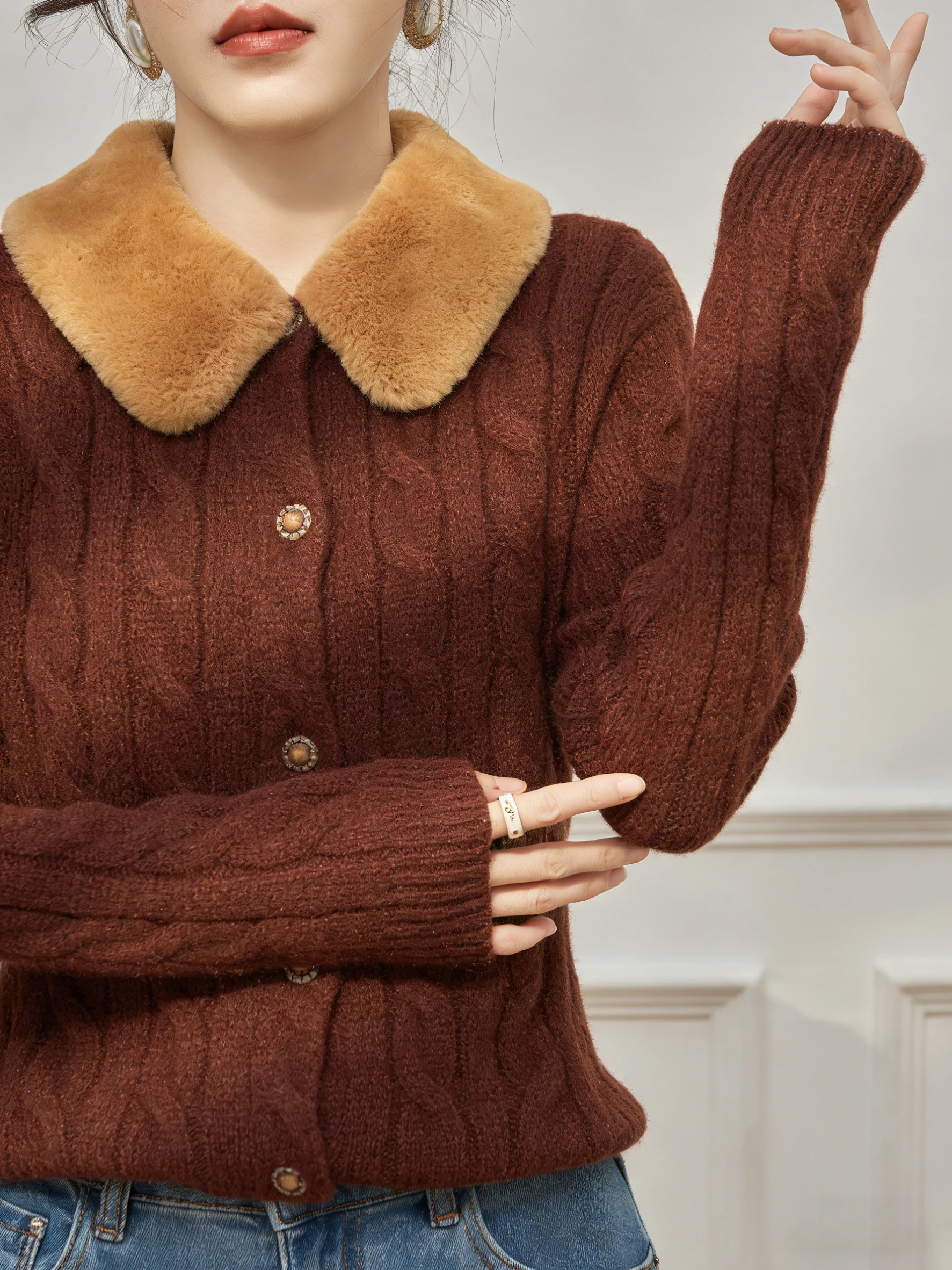 

New Year's Wine Red Court Knitted Sweater with Fur Collar Loose Fit Long Sve Thermal Faion Outerwear for Women