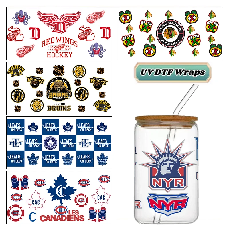 Hockey Team Logo Style UV DTF Cup Wrap Waterproof Cold Transfer Sticker for 16oz Libbey Glass Can DIY Fan Gift Decor
