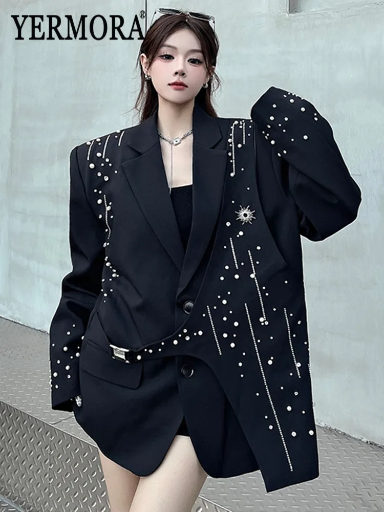 

YERMORA черный нерегулярный пиджак со стразами и пряжкой для женщин, свободная новая куртка с лацканами и длинными рукавами, модная весна-осень 2025