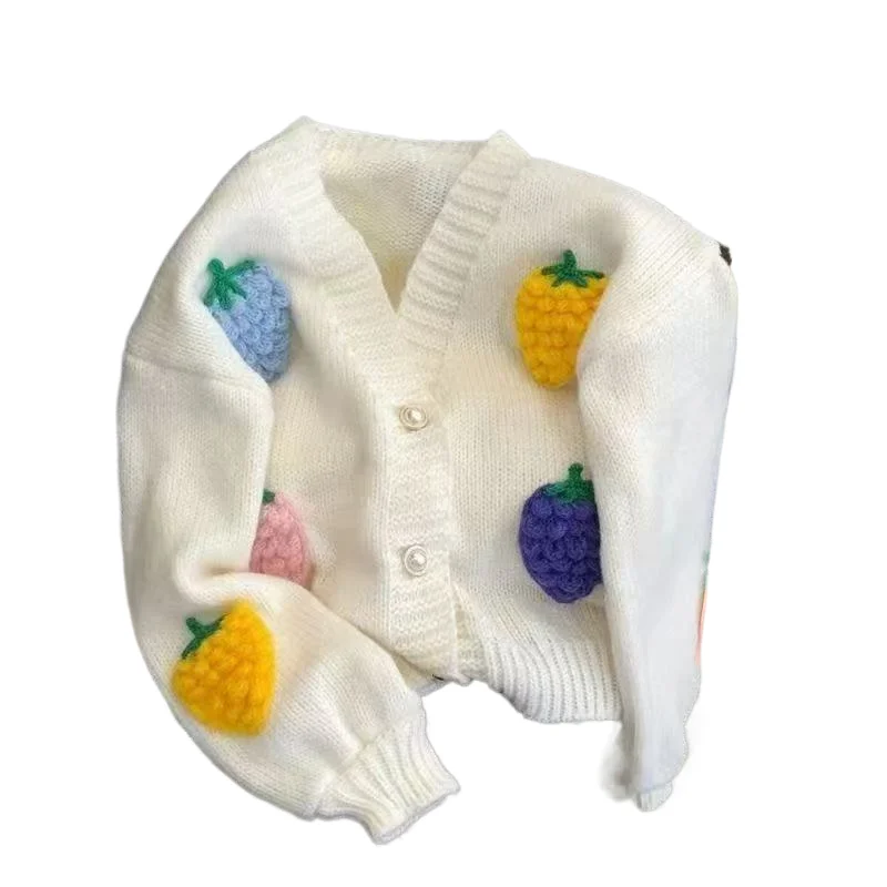 Sweet Strawberry Knitted V-neck Sweater Women's Spring Autumn Loose Long Sleeved Casual Lazy Style Single Breasted Top
