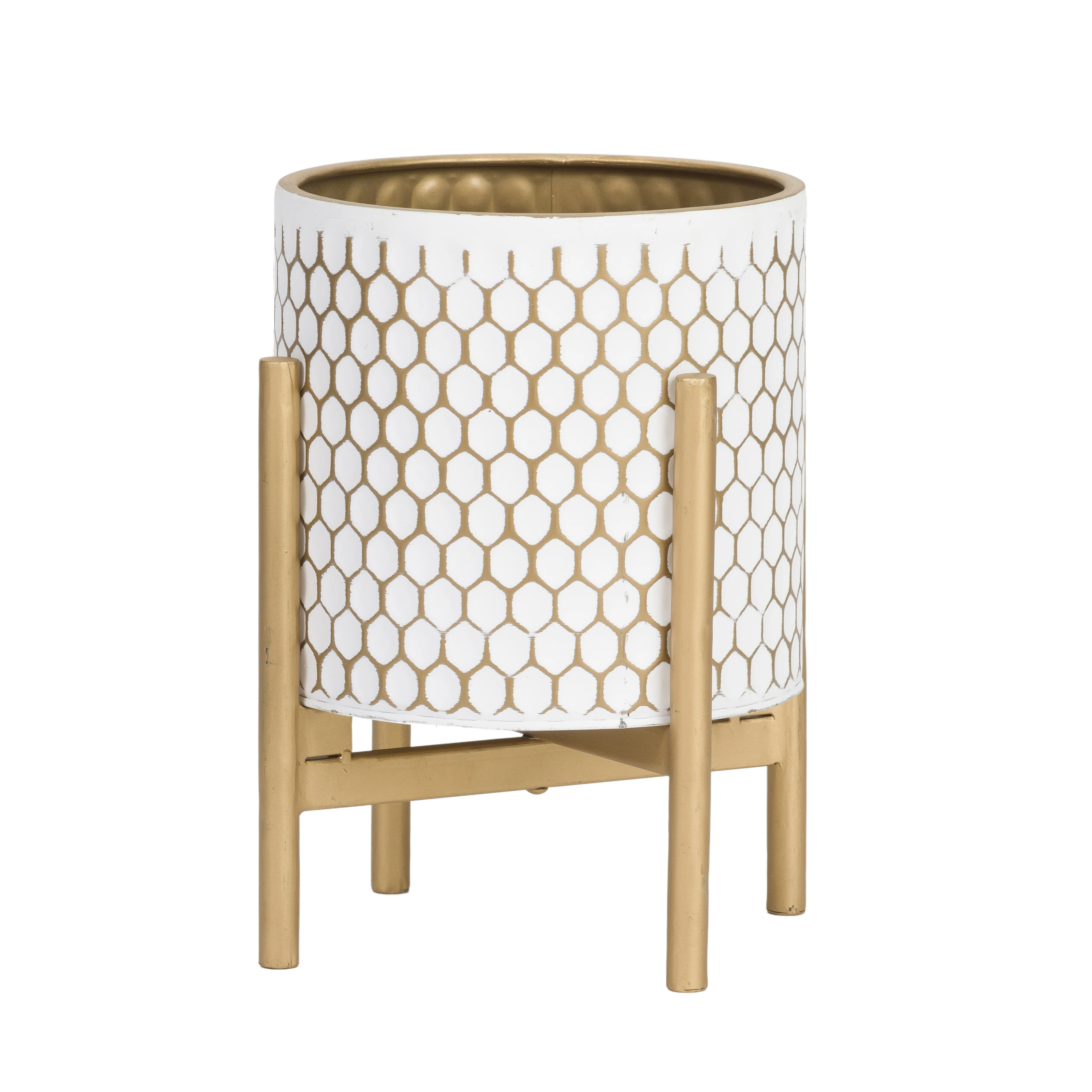 

Honeycomb Mid-Century Modern Indoor Metal Pot Planter with Four-Leg Gold Base 9.5 Inch Width 12 Inch Height