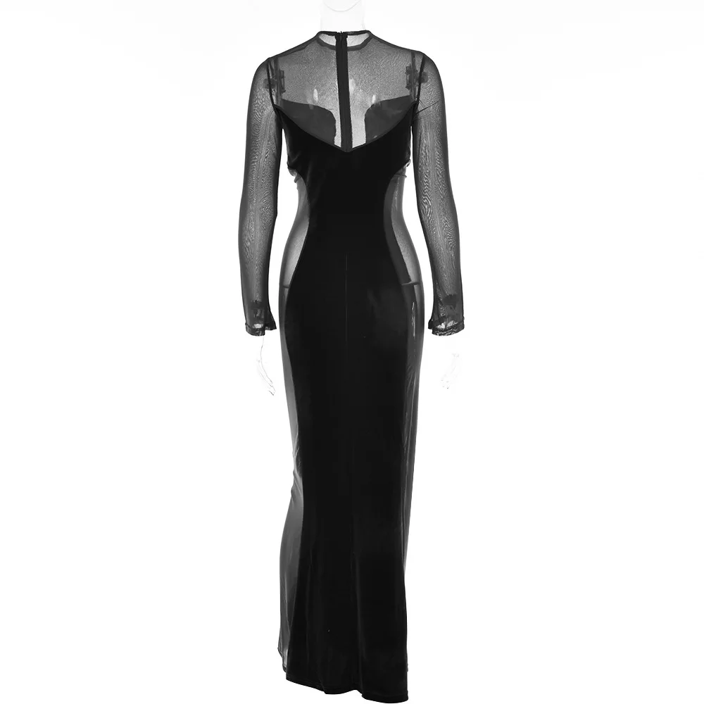 OMSJ Black Velvet Mesh Perspective Long Sleeves Bodycon Sexy Gown Maxi Dress For Women Fashion Clubwear Birthday Elegant Outfits