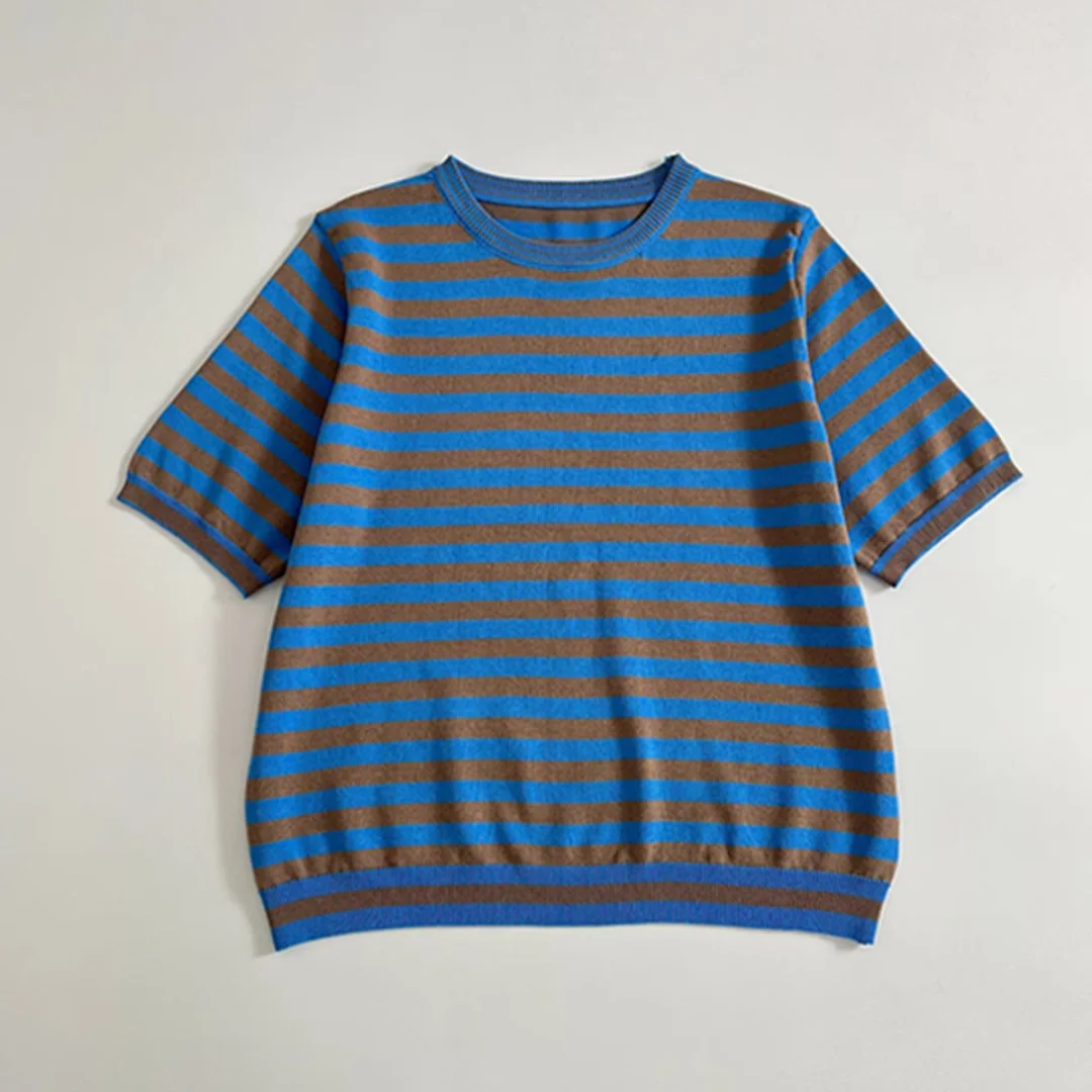 

Jenny&Dave Summer Knitted T-shirt Women Tops Round Neck Short Sleeve Striped T-shirt Woman Clothes Female Clothing