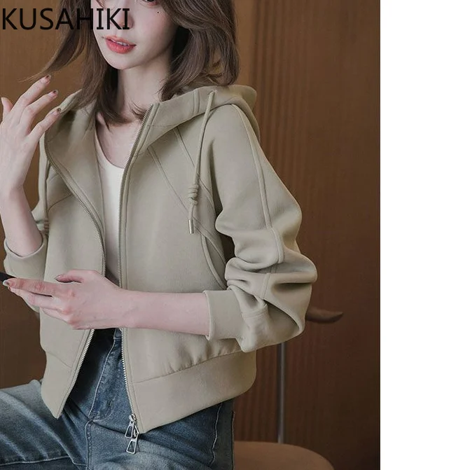 KUSAHIKI Autumn/Winter 2024 Korean Casual Hooded Slimming Straight Tube Fashion Hoodie Short Jacket for Women