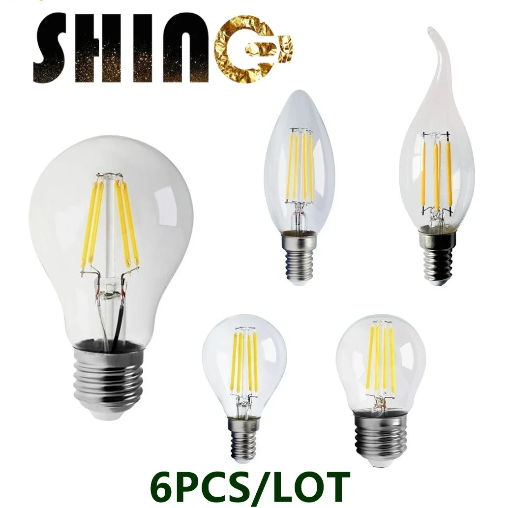 

6PCS LED Candle Bulb Five day arrive C35 G45 ST64 A60 Vintage Lamp E14 LED E27 220V LED Globe 4W 6W 8W Filament Edison