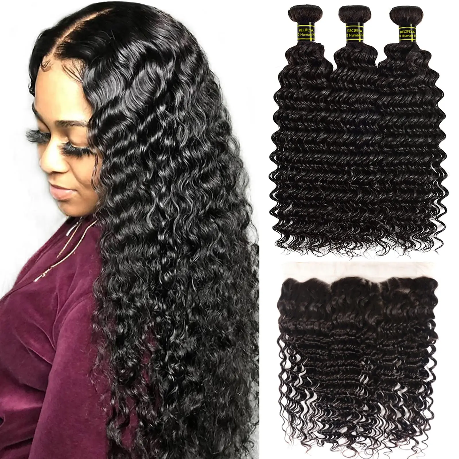 10A Brazilian Hair Deep Wave Bundles Human Hair Extensions Natural Color(2/3/4 bundles 14 inch, deep wave)