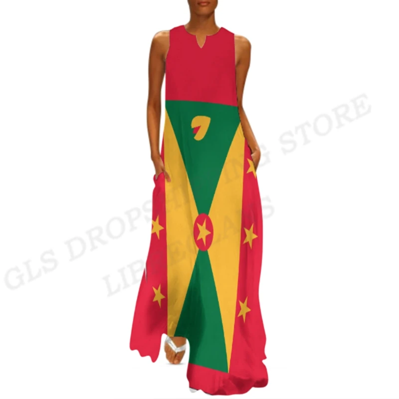 Grenada Flag Dress Women Fashion Party Evening Dresses Casual Long Robe Grenada Flag Vestidos Maxi Vocation Dress Beach Behemian