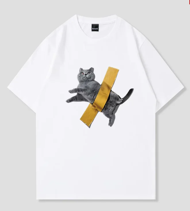 Kawaii Korean Versatile Retro Funny Meme Cat T-Shirt Yellow Tape Cat Graphic Fashion Casual Short Sleeve Top Men Women Clothing