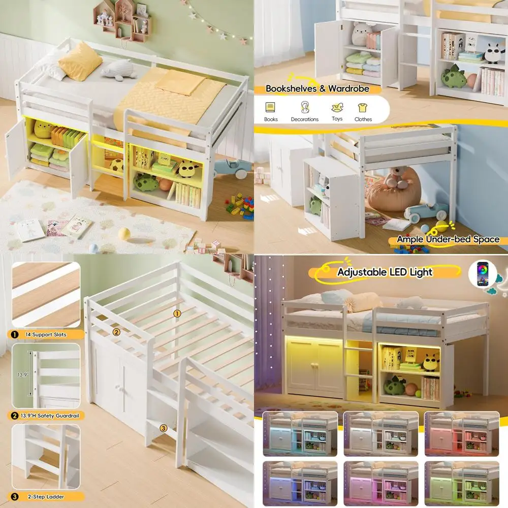 

White Twin Size Kids Low Loft Bed with LED Light, 2 Bookcases, Play Space, and Safety Rail - No Box Spring Needed