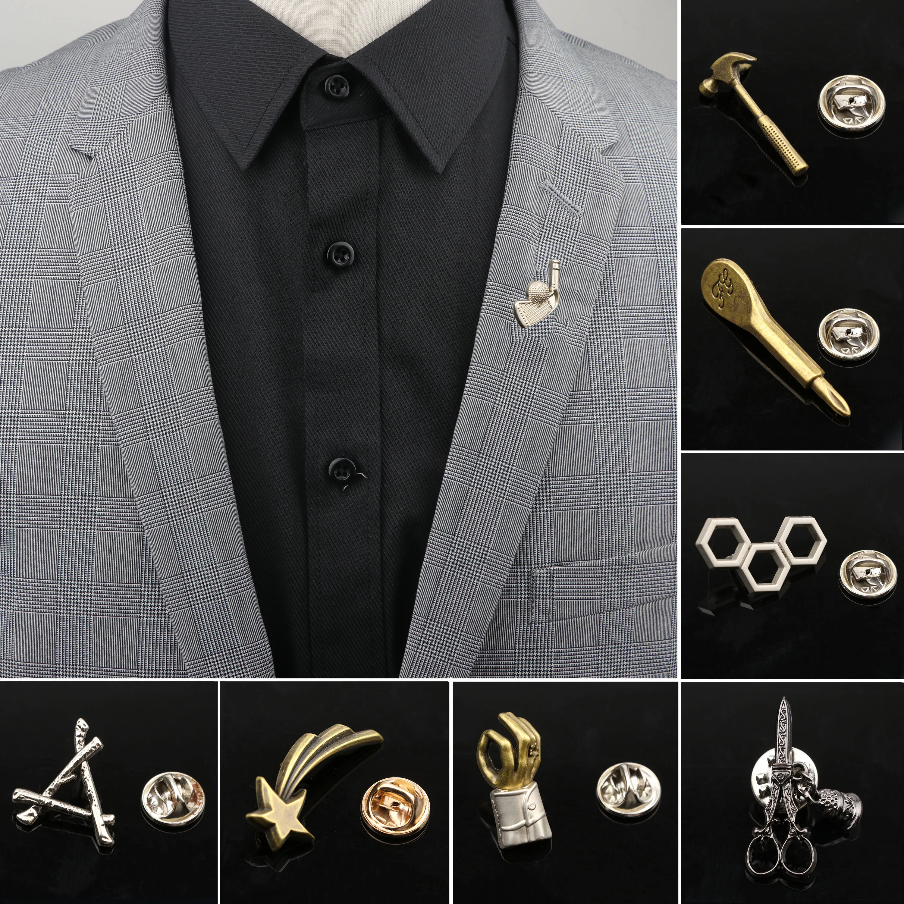 Men's Advanced Chic Brooch Pen Scissors Hammer Pin Suit Shawl Lapel Pin Uxedo Corsage Hat Shirt Collar Pin Party Daily Accessory