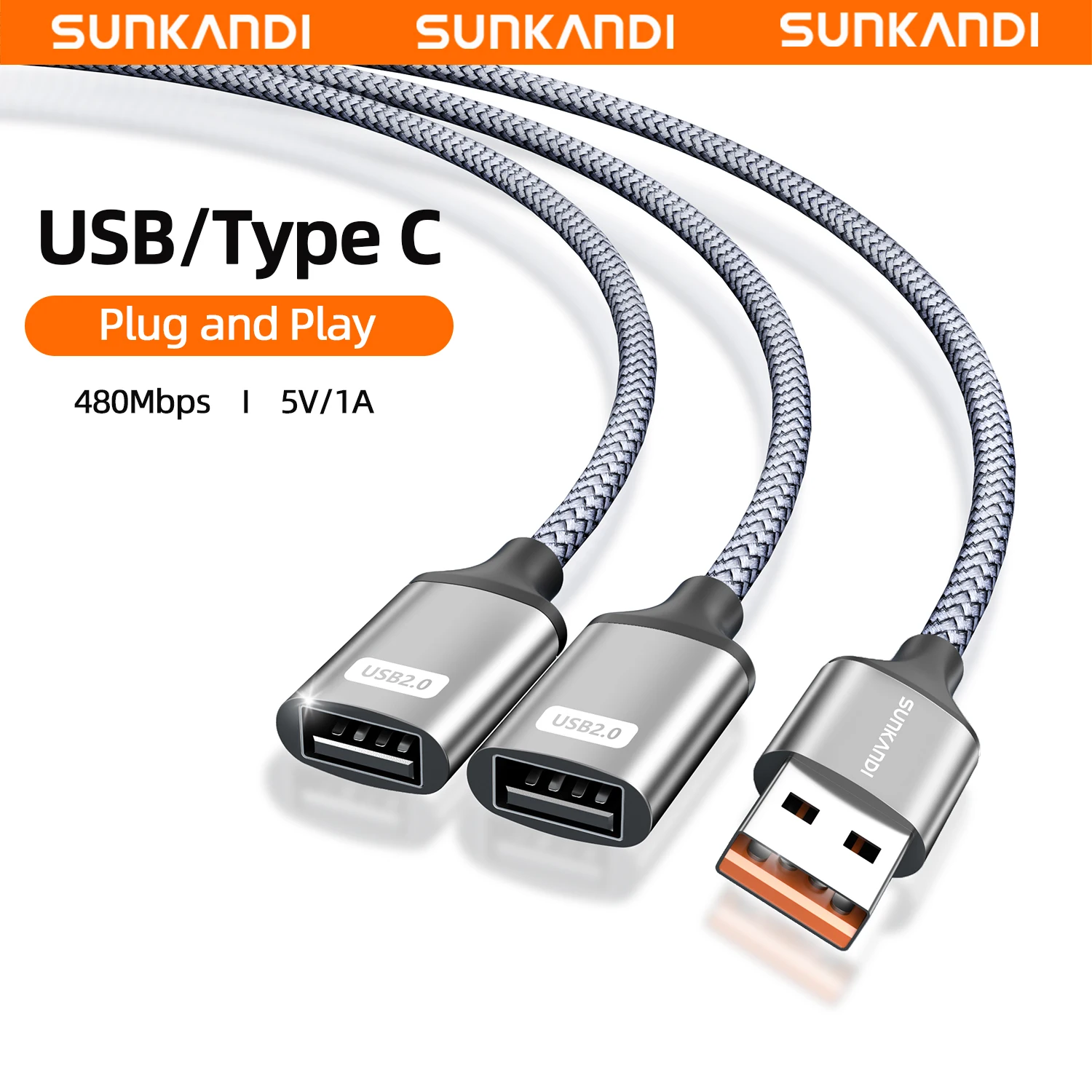 SUNKANDI USB A Splitter, USB 2.0 A Male to Dual USB Female Hub Power Cord Extension Cable for Car, Laptop, Keyboard, Mouse