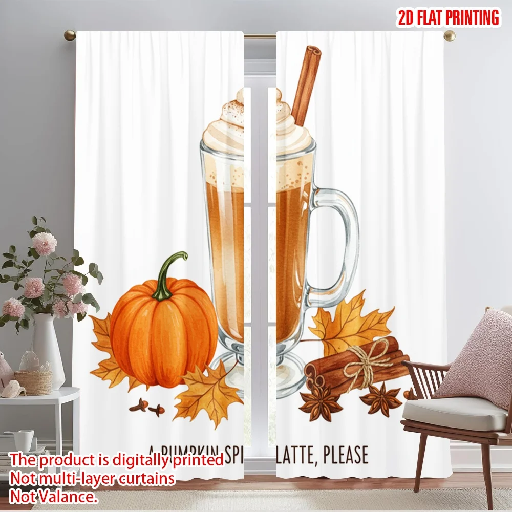 

2pcs 2D flat printing Curtain Pumpkin Spiced Latte Please Polyester Without Electricity Holiday Decorations for Outdoor and Home