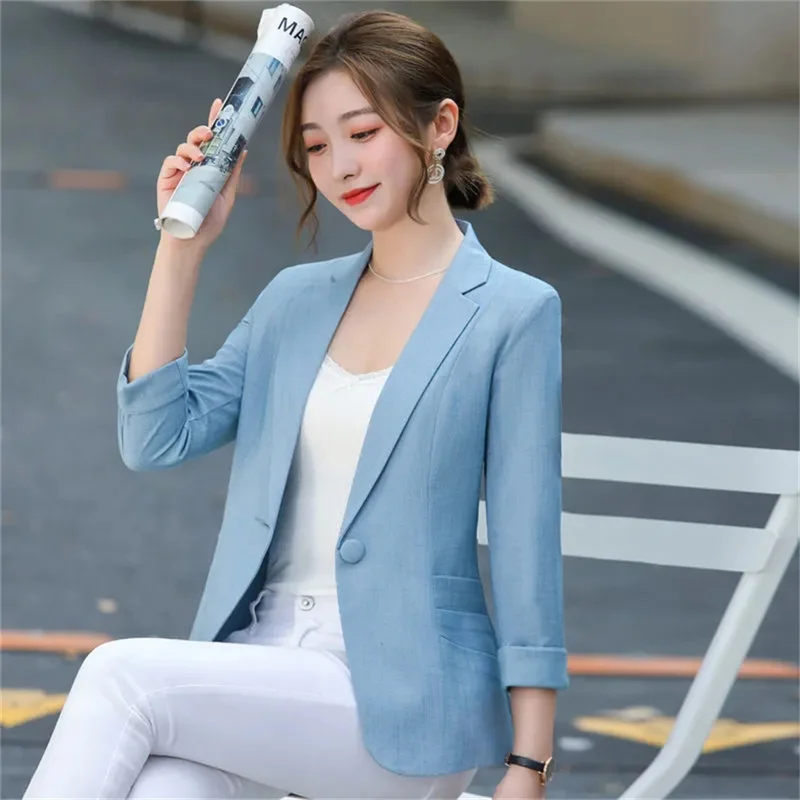 

Elegant Women's Stripe 3/4 sleeve Suit Jacket 2025 Spring Summer Thin Slim Outwear Single button Female Office Blazer Coat Tops