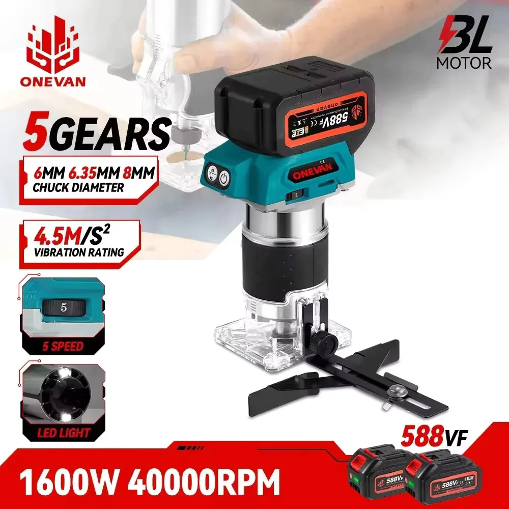 5 Speeds Brushless Electric Hand Trimmer 1600W Cordless Wood Router Woodworking Engraving Slotting for 21V 18V Battery