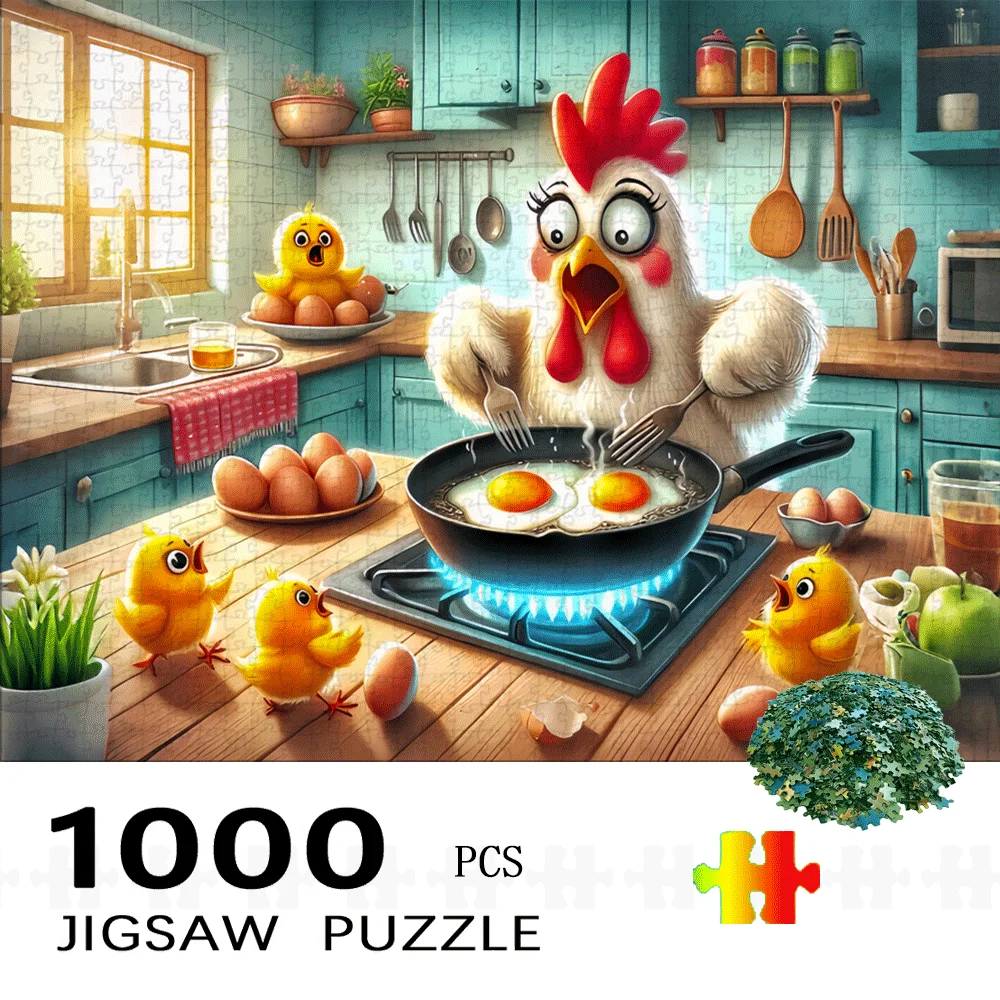 Puzzle 1000 elementów - Scena z farmy kurczaków i kury - Żywa sztuka kuchenna z kurczakami i jajami, gra rodzinna dla dorosłych, DIY