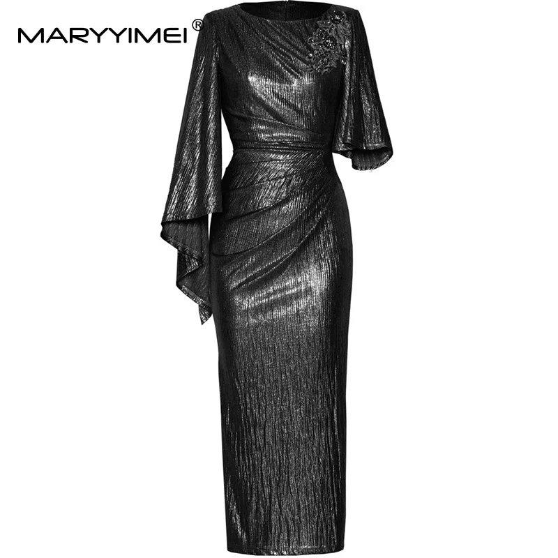 MARYYIMEI 패션 런웨이 여름 나비 슬리브 맥시 드레스 여성용 크리스탈 슬림핏 힙 랩 클럽 파티 의류