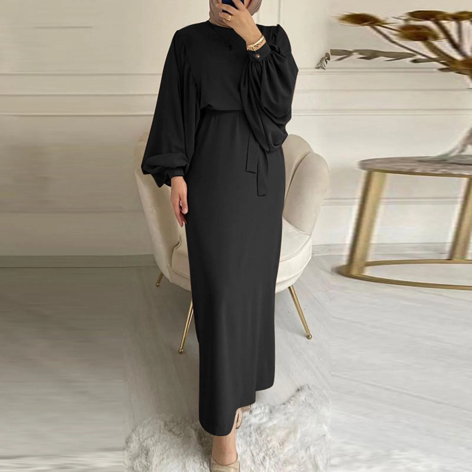 

Ladies Muslim Puff Sleeve Solid Color Prayer Long Dress Women's Simple Belt Slimming Temperament Elegance Evening Dresses