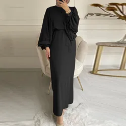 Ladies Muslim Puff Sleeve Solid Color Prayer Long Dress Women's Simple Belt Slimming Temperament Elegance Evening Dresses