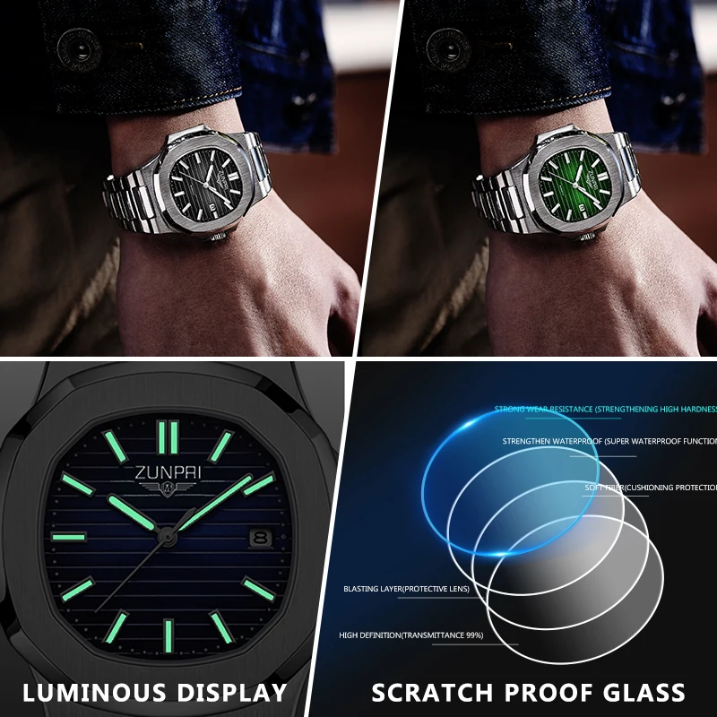 ZUNPAI Original Men\'s Watch Waterproof Stainless Steel Quartz Calendar Luminous Watch for Men Fashion Business Wristwatch