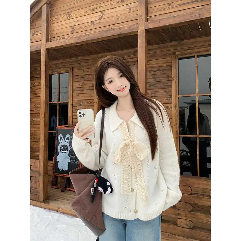 

Women Clothing Autumn Winter Fashion Simplicity All-match Knitting Lace Solid Color Female Commuting Loose Sweater V-neck Coat