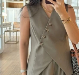 European and American Fashion Casual Set, V-neck Design Sense, Saistcoat, Sigh-waisted Women's suit And Long Pants Wwo-piece Set