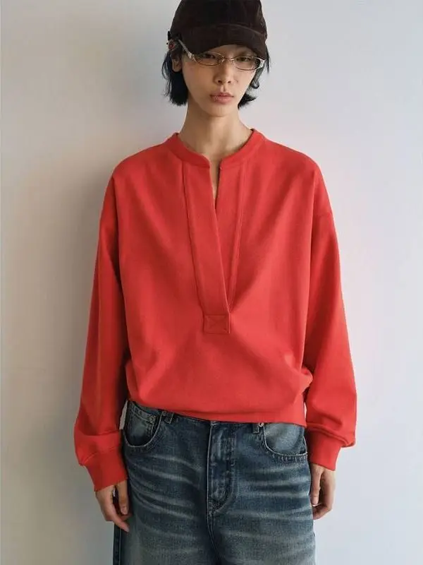 เสื้อสเวตเตอร์คอวีทรงหลวม รุ่น Modern Simple V-Ne รุ่น Hello September V9088 แขนยาว ผ้าคอตตอนผสม สี