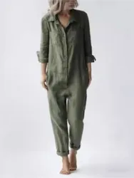 Cotton Linen Jumpsuits Women Vintage Overalls Single Breasted Button Long Sleeve Shirt Romper Solid Color Pockets Jumpsuit
