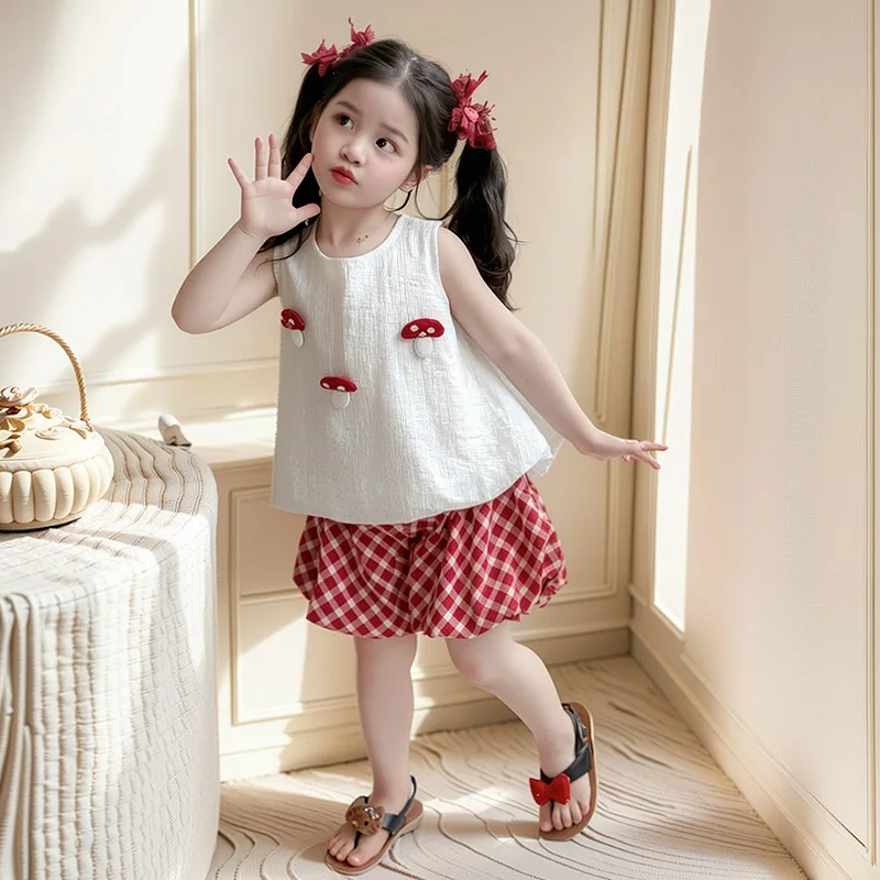

Korean girls' mushroom print vest set2026Summer new style two-piece romper set, trendy internet-famous children's clothing for w