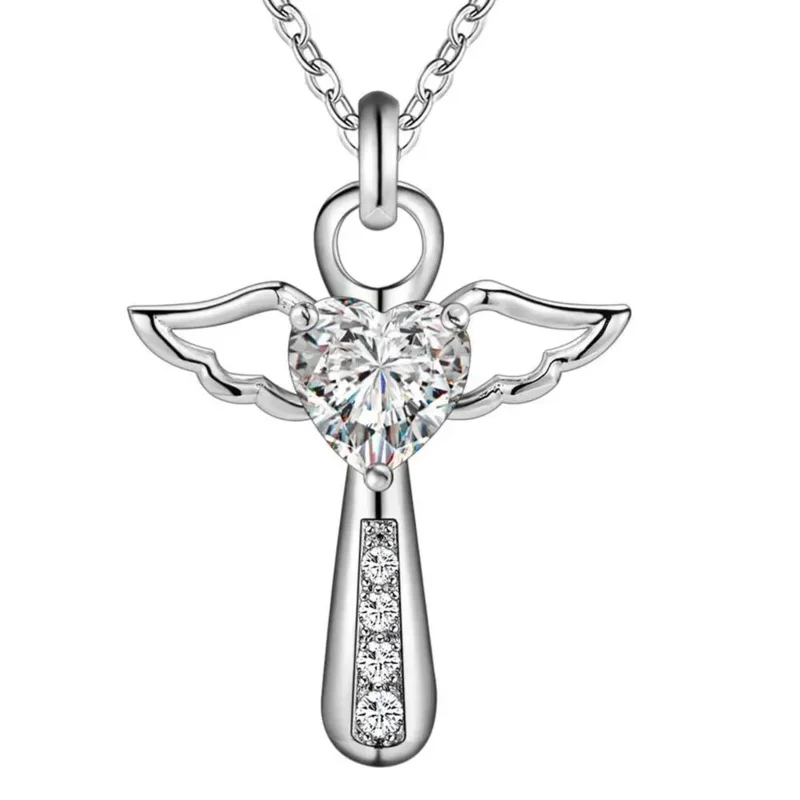 Y2K Plated 925 Silver Latin Angel Wings Cross White Purple Zircon Crystal Pendant Necklace for Girls Women